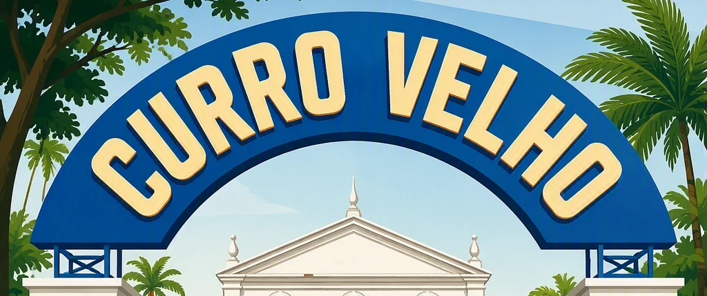 Placa da entrada do Curro Velho. Fundo azul com letras em caixa alta na cor branca. 