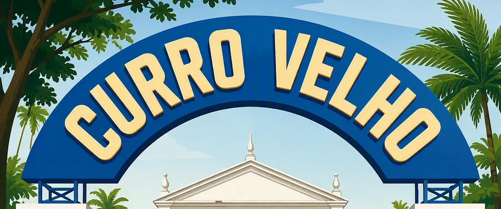  Placa da entrada do Curro Velho. Fundo azul com letras em caixa alta na cor branca.