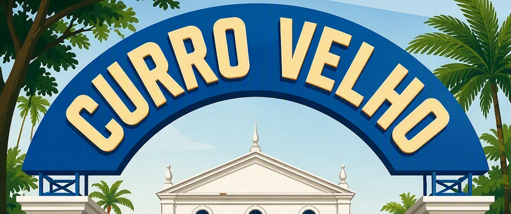 Placa da entrada do Curro Velho. Fundo azul com letras em caixa alta na cor branca.